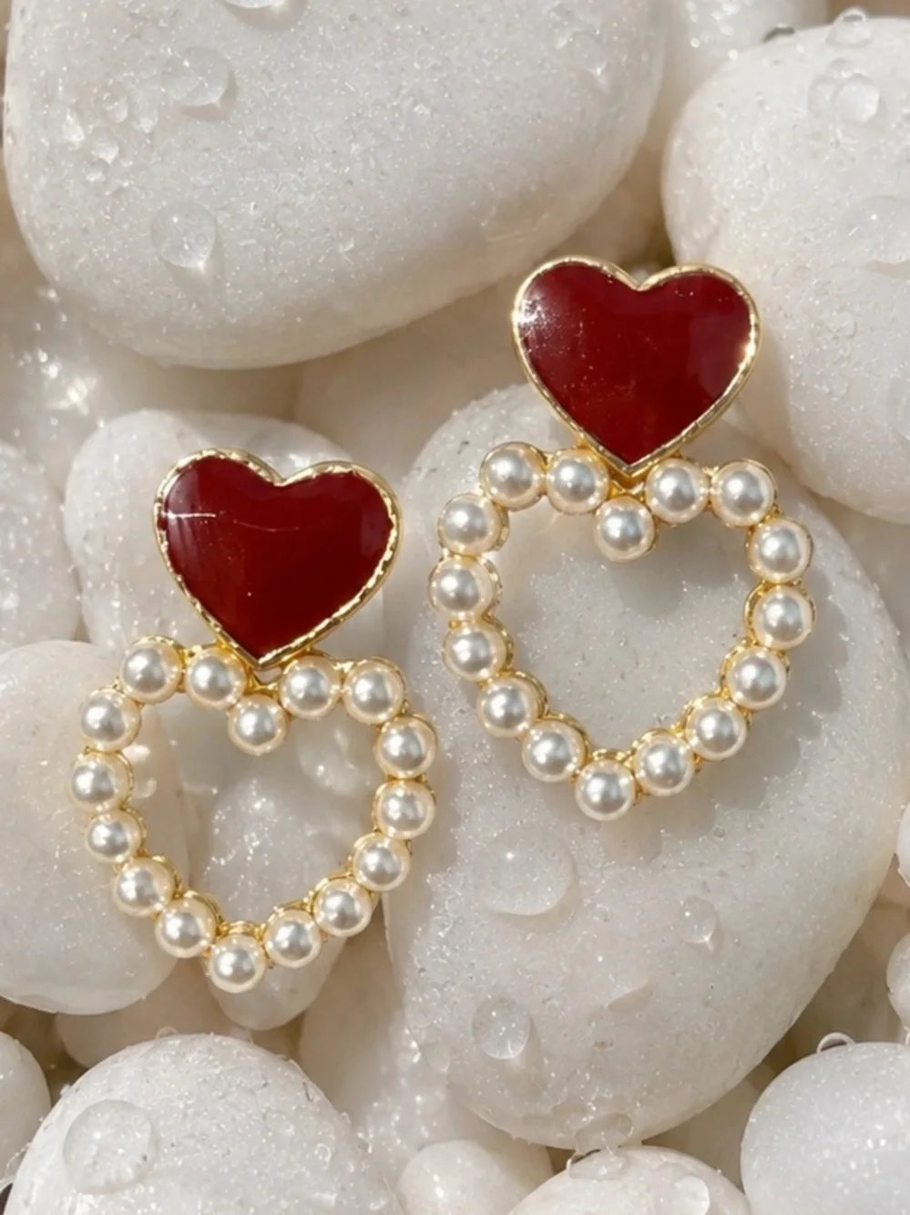 Gold Pearl Heart Drop Earrings with Red Enamel Hearts